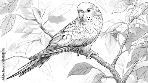 Intricate black and white drawing of parakeets perched on a branch photo