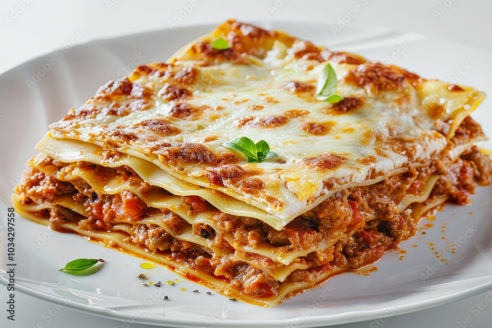 A generous portion of homemade lasagna features multiple layers of rich meat sauce, creamy cheese, and herbs, perfect for a hearty meal