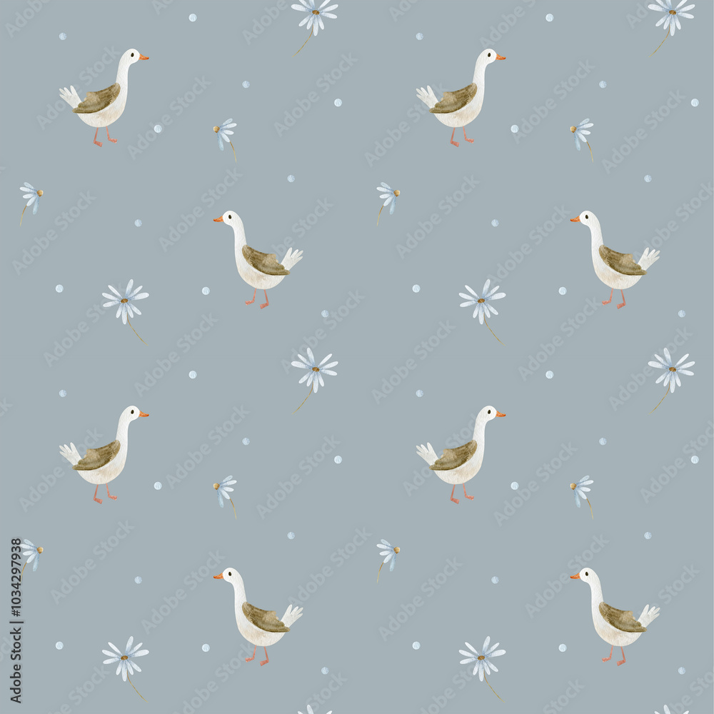 Obraz premium Cute, watercolor pattern with a goose and flowers on a blue background. Watercolor illustration of a seamless pattern in a cartoon style.