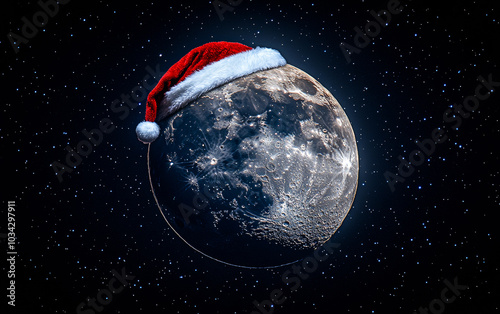 The moon wearing a festive Santa hat during winter. A bright moon adorned with a Santa hat shines against a starry night sky, evoking a whimsical holiday spirit. photo