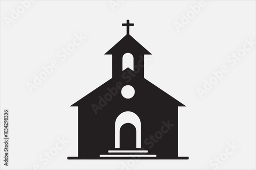 A silhouette of a church with  a cross on top.