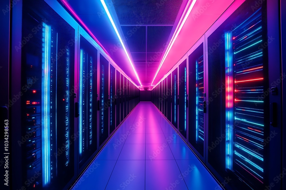 High-tech data center corridor illuminated with vibrant blue and pink lights, showcasing rows of server racks. Concept of technology, data storage, and digital infrastructure High-tech data center corridor illuminated with vibrant blue and pink lights, showcasing rows of server racks. Concept of technology, data storage, and digital infrastructure