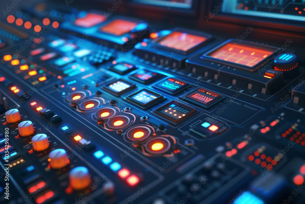 This control panel features various illuminated buttons and screens, demonstrating advanced technology in a low-light setting. The design emphasizes functionality and aesthetics This control panel features various illuminated buttons and screens, demonstrating advanced technology in a low-light setting. The design emphasizes functionality and aesthetics