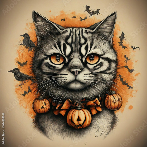 cat with Halloween decorations,created with Generative AI technology