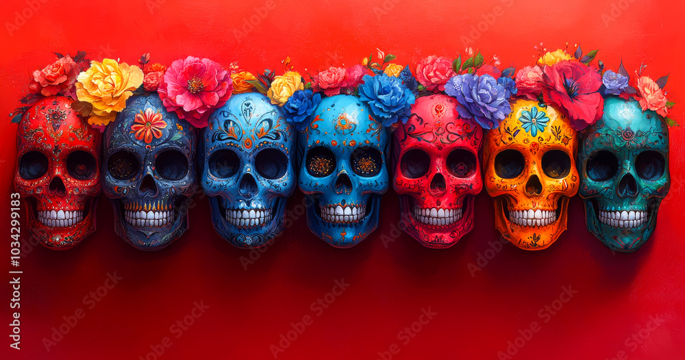 Fototapeta premium Floral skulls on a bright background for Dia de los Muertos. A row of six intricately designed skulls in bright colors with floral decorations, against a vivid red background.
