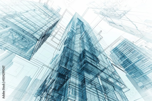 The architectural design features a towering skyscraper surrounded by abstract representations of buildings, emphasizing modern urban development and innovative engineering.