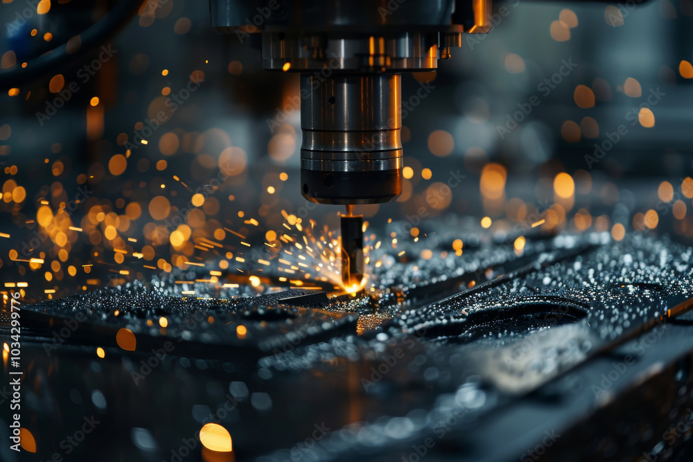 The workshop is alive with activity as a CNC machine cuts through metal, sending sparks into the air. The skilled technician oversees the process, ensuring precision The workshop is alive with activity as a CNC machine cuts through metal, sending sparks into the air. The skilled technician oversees the process, ensuring precision