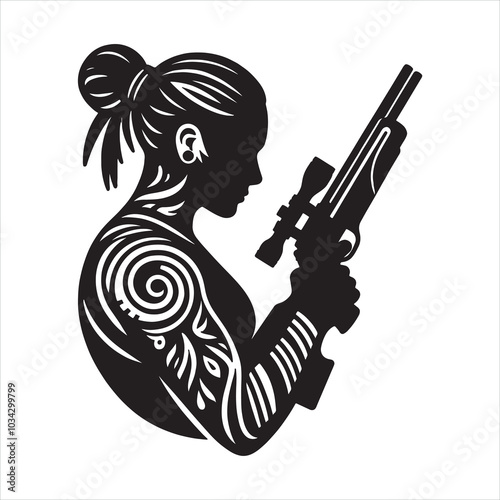 Sporting Clays sport female player with ethnic tribal tattoo silhouette on white background

