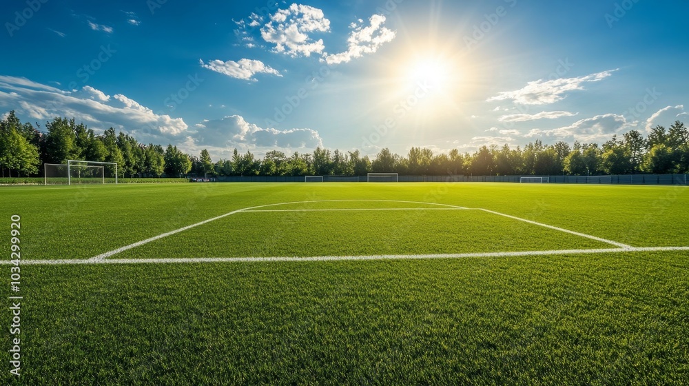 Obraz premium soccer field with perfectly maintained grass, clear white lines, and a sunny, cloudless sky in the background
