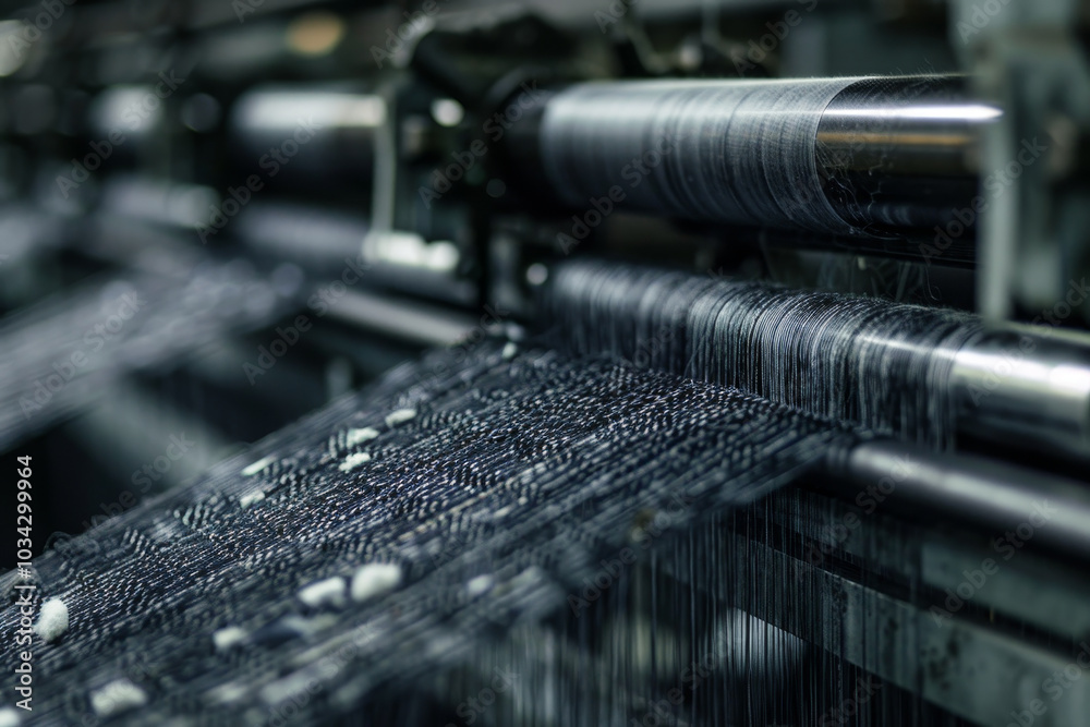 The textile machine processes threads to create denim fabric, showcasing intricate weaving techniques in a manufacturing environment filled with machinery The textile machine processes threads to create denim fabric, showcasing intricate weaving techniques in a manufacturing environment filled with machinery