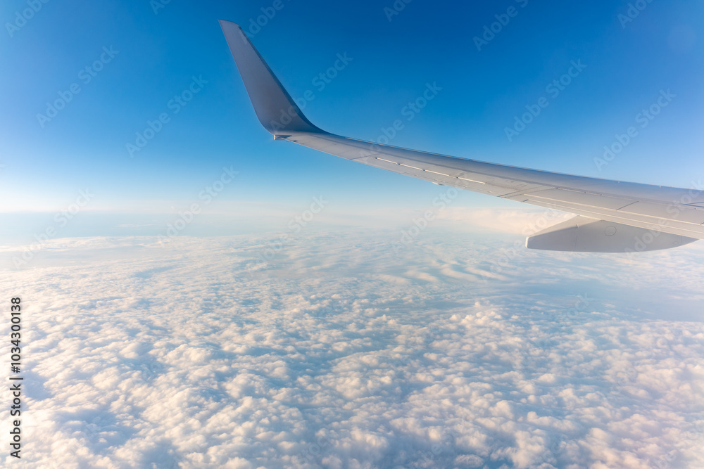 Beautiful salmon dawn and the wing of an airplane above the clouds. Beautiful salmon dawn and the wing of an airplane above the clouds.
