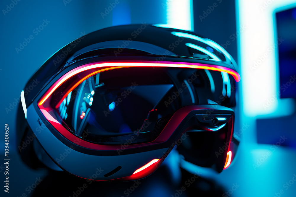 A sleek augmented reality helmet sits prominently in a technology exhibit, surrounded by glowing neon lights that enhance its modern design and features A sleek augmented reality helmet sits prominently in a technology exhibit, surrounded by glowing neon lights that enhance its modern design and features