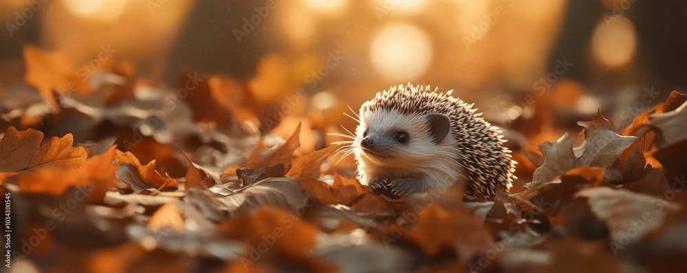 A hedgehog nestled in autumn leaves. A hedgehog nestled in autumn leaves.
