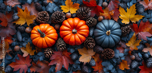 Autumn pumpkins and colorful leaves in nature. Vibrant pumpkins sit among colorful autumn leaves and pine cones, creating a festive and seasonal atmosphere for fall.