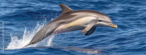 A dolphin gracefully leaps from the vibrant blue sea, creating splashes that sparkle under dynamic lighting and dramatic shadows photo