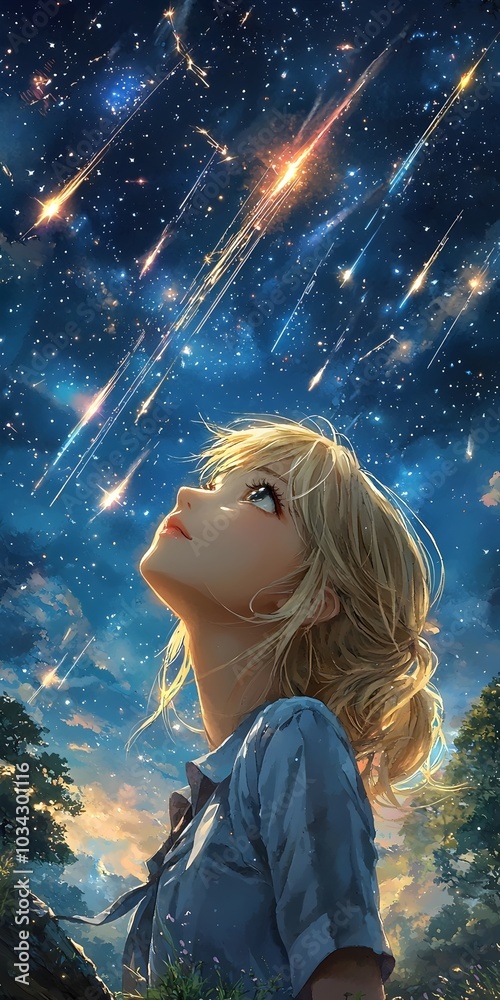 A young woman with long blonde hair gazes up at a sky filled with shooting stars, her expression filled with wonder and awe. A young woman with long blonde hair gazes up at a sky filled with shooting stars, her expression filled with wonder and awe.