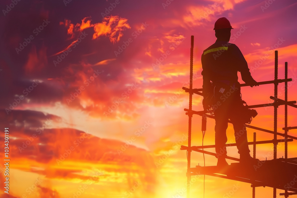 A construction worker is standing on scaffolding, silhouetted against a stunning sunset filled with vibrant colors, showcasing the hard work during evening hours A construction worker is standing on scaffolding, silhouetted against a stunning sunset filled with vibrant colors, showcasing the hard work during evening hours