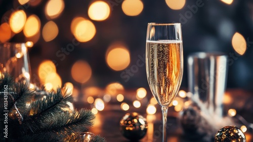 Champagne glass in festive night decor