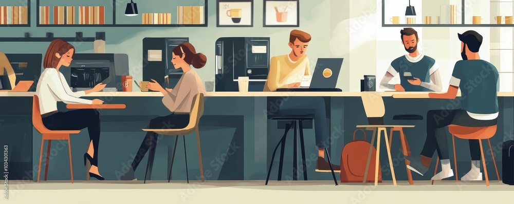 People sit in a cafe, working and drinking. People sit in a cafe, working and drinking.
