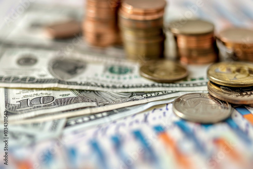 Different denominations of cash and coins are spread out on a table, highlighting the details of paper money and metal currency in a financial context