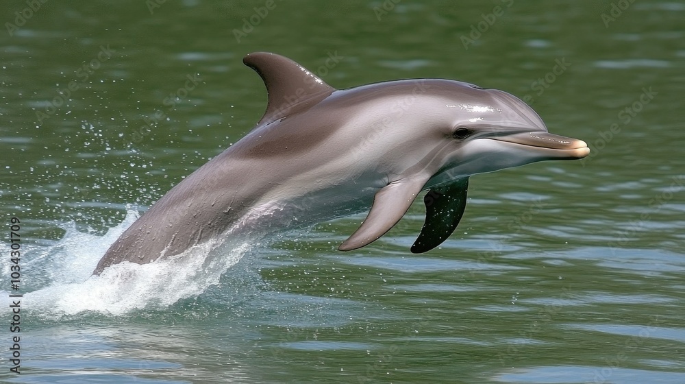 Obraz premium A graceful dolphin leaps joyfully from the tranquil waters, splashing waves beneath the sunlit sky on a serene afternoon