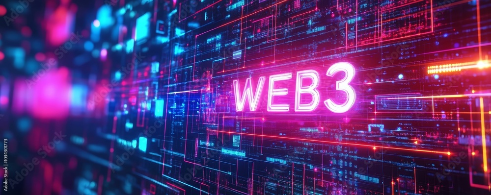Web3 glowing neon sign in digital world. Web3 glowing neon sign in digital world.