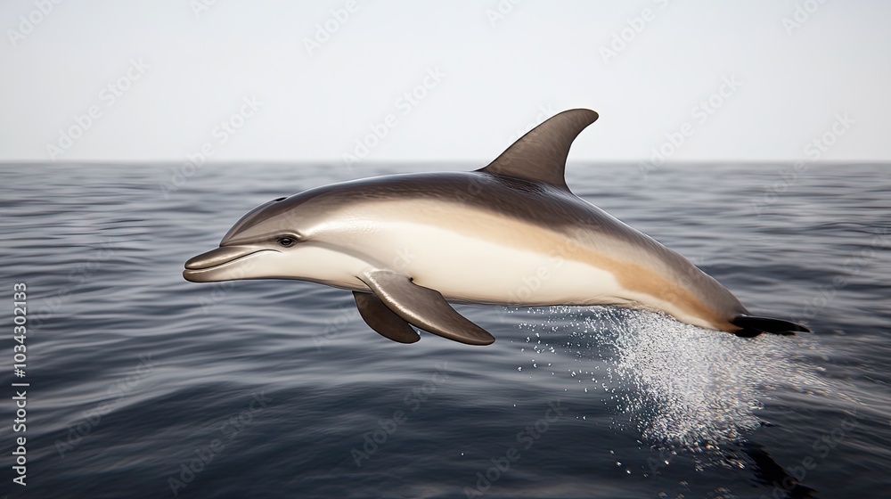 Fototapeta premium A dolphin leaps majestically from the shimmering ocean waves, creating splashes in the soft light of dawn
