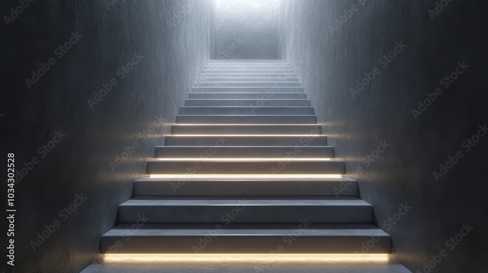 A staircase with a lighted step in the middle A staircase with a lighted step in the middle