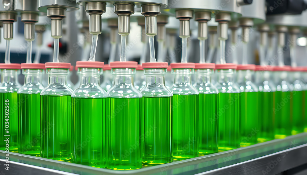Glass bottles in production in the tray of an automatic liquid dispenser, a line for filling medicines against bacteria and viruses, antibiotics and vaccines isolated with white highlights, png Glass bottles in production in the tray of an automatic liquid dispenser, a line for filling medicines against bacteria and viruses, antibiotics and vaccines isolated with white highlights, png