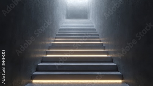 A staircase with a lighted step in the middle