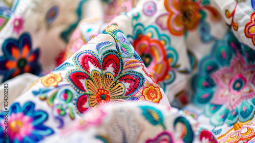 Colorful embroidered floral fabric with detailed patterns