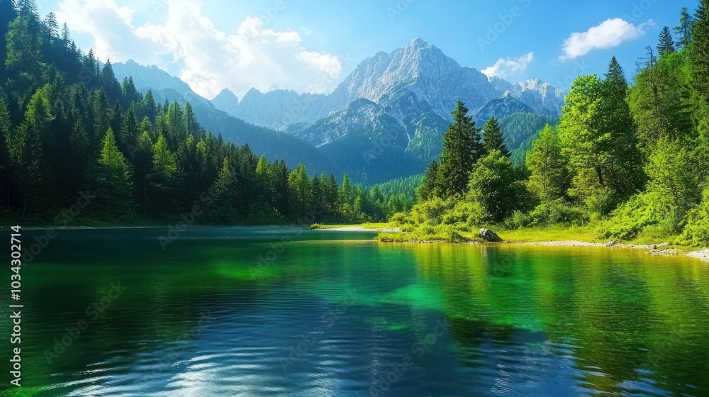 A serene mountain landscape featuring a clear lake surrounded by lush greenery and peaks. A serene mountain landscape featuring a clear lake surrounded by lush greenery and peaks.