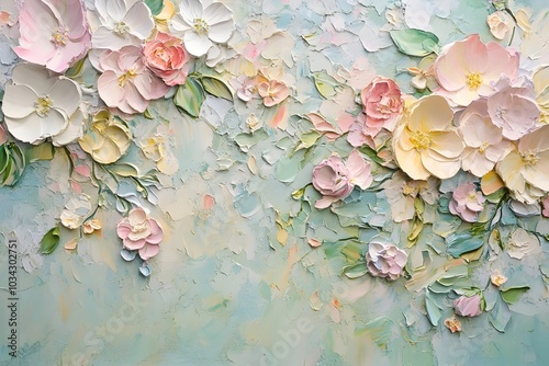 A delicate floral painting with textured brushstrokes and soft, pastel hues, featuring a vibrant assortment of pink, white, and yellow flowers.