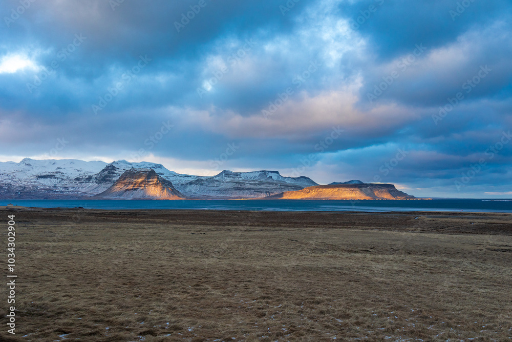 Kirkjufell mountain in a stormy winter day