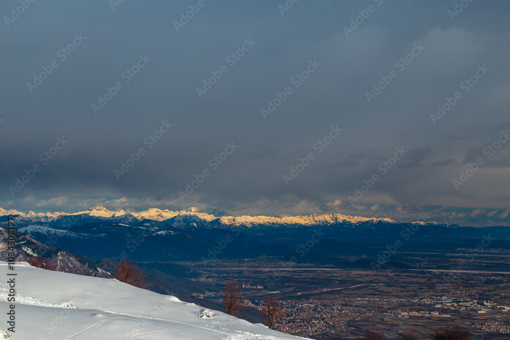 Ski mountaineering in the Alps over Pordenone, Friuli-Venezia Giulia, Italy