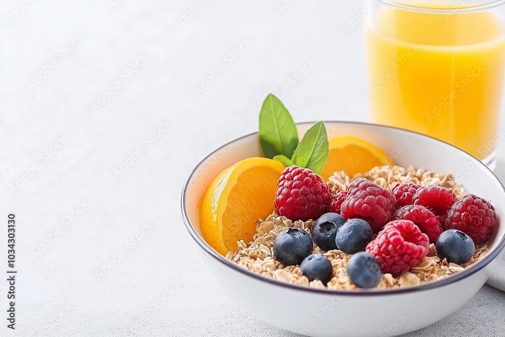 Healthy breakfast spread with oatmeal, fresh berries, and orange juice in a bright minimalist setting