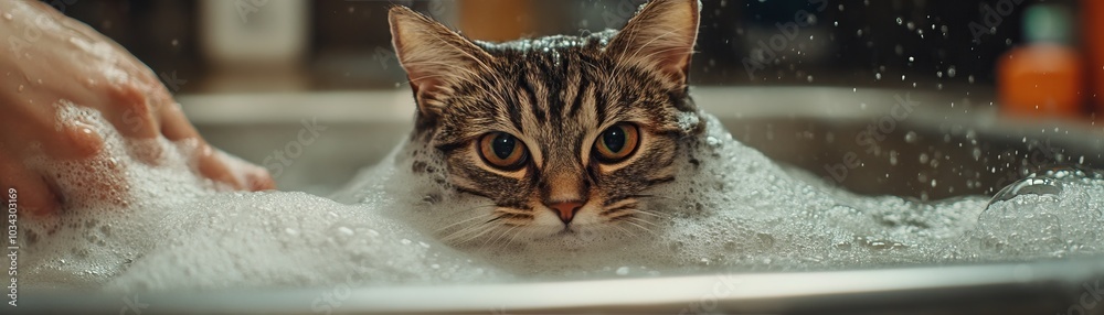 A cat appears in a sink filled with bubbles, looking curiously at the camera while its owner washes its fur. A cat appears in a sink filled with bubbles, looking curiously at the camera while its owner washes its fur.