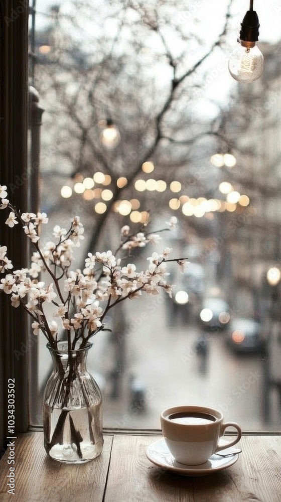 A peaceful caf? showcases a wooden table adorned with a vase of fresh flowers and a cup of coffee, illuminated by warm hanging lights in a bustling city A peaceful caf? showcases a wooden table adorned with a vase of fresh flowers and a cup of coffee, illuminated by warm hanging lights in a bustling city