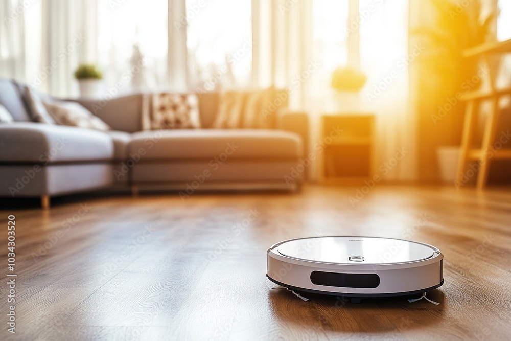 White robot vacuum cleaning the wooden floor in a bright living room during sunrise White robot vacuum cleaning the wooden floor in a bright living room during sunrise