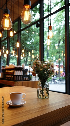 A peaceful caf? showcases a wooden table adorned with a vase of fresh flowers and a cup of coffee, illuminated by warm hanging lights in a bustling city