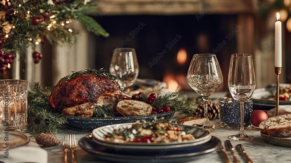 A beautifully set dining table with festive dishes, a roast centerpiece, elegant glassware, and a cozy fire in the background, perfect for a holiday gathering. A beautifully set dining table with festive dishes, a roast centerpiece, elegant glassware, and a cozy fire in the background, perfect for a holiday gathering.