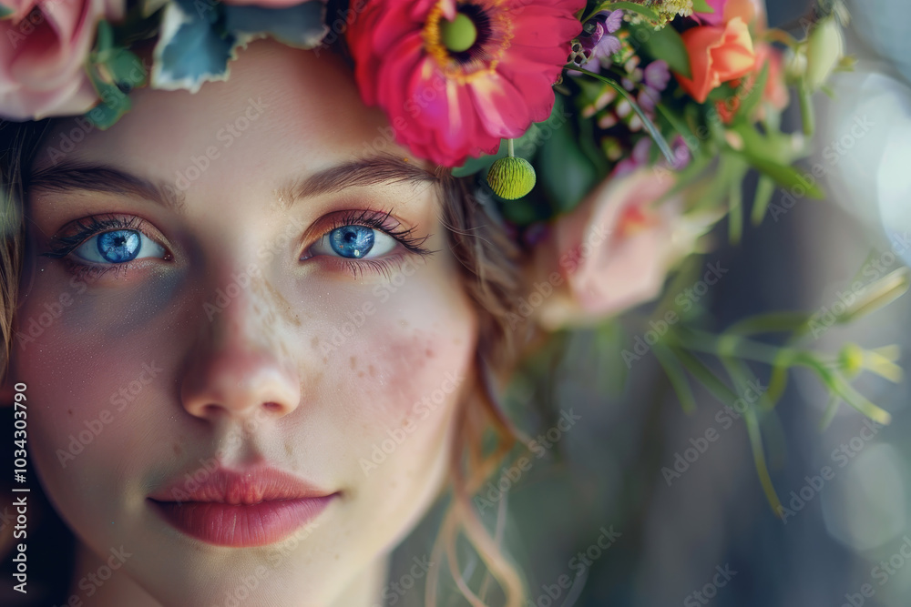 A young woman showcases her captivating blue eyes, framed by a colorful floral crown, standing in a serene outdoor environment, illuminated by soft daylight A young woman showcases her captivating blue eyes, framed by a colorful floral crown, standing in a serene outdoor environment, illuminated by soft daylight