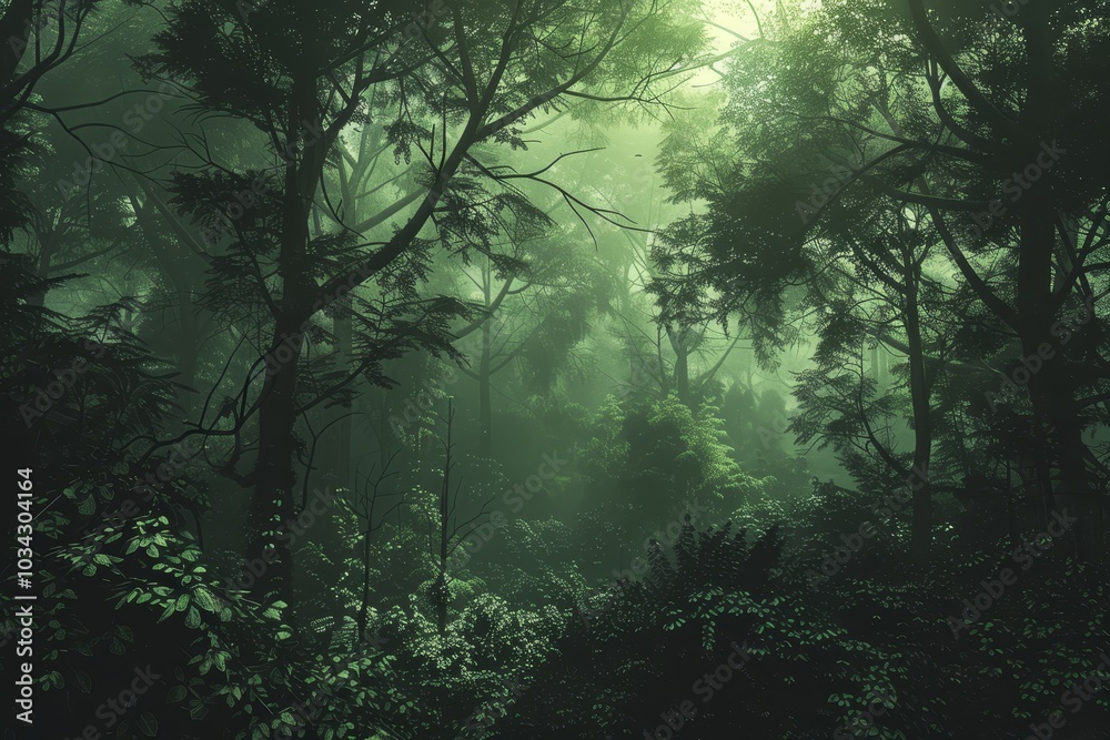 Fototapeta premium A vibrant forest filled with towering trees and dense vegetation is shrouded in fog, creating an enchanting and serene early morning atmosphere in a tropical region.