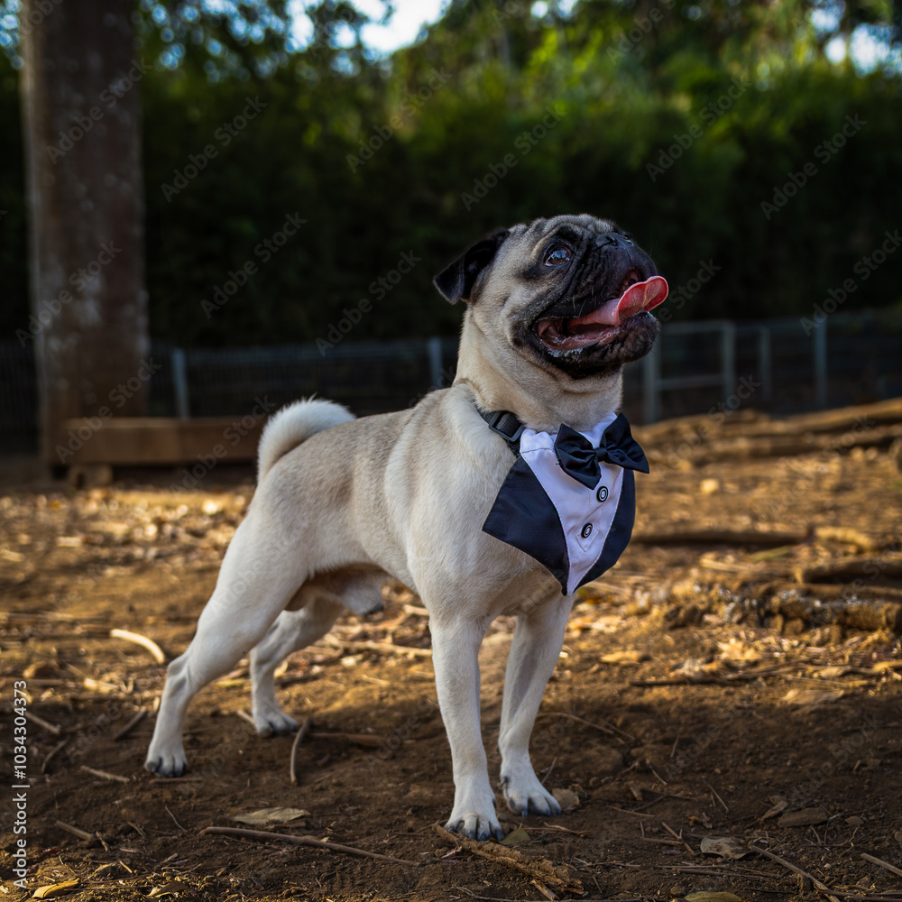 Pug dog posing while wearing a tuxedo Pug dog posing while wearing a tuxedo