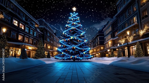 Christmas tree glowing brightly in a quiet snowy town square at night