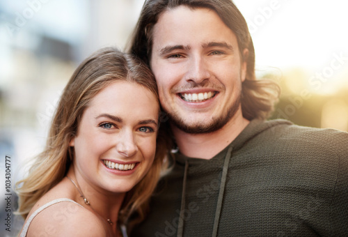 Outdoor, couple and portrait with love for bonding, healthy relationship and commitment in city. Happy people, man and woman with hug embrace for affection, trust and dating anniversary in Australia