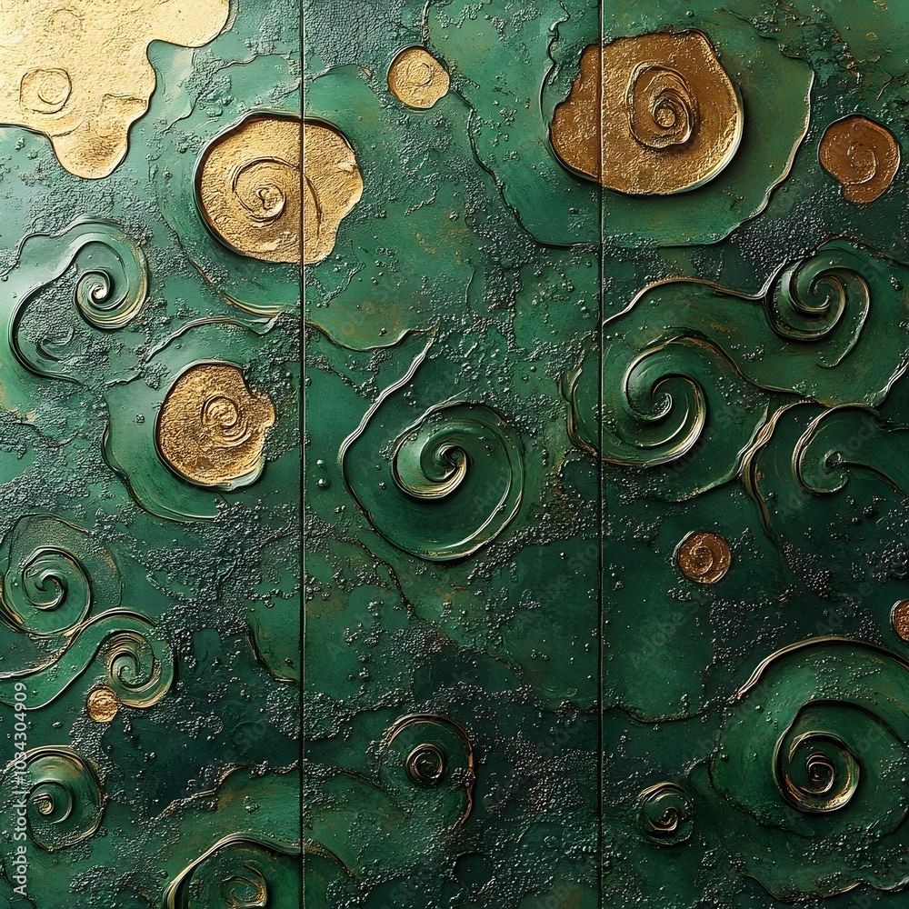Naklejka premium Intricate embossed swirls in gold and green create a mesmerizing, textured surface.