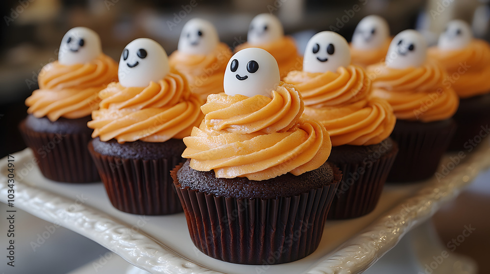A Row of Black and Orange Cupcakes with Ghost Toppers: A Spooky and Delightful Treat Perfect for Halloween Parties, Celebrations, and Festive Gatherings, Adding a Touch of Whimsy and Fun to Any Occasi A Row of Black and Orange Cupcakes with Ghost Toppers: A Spooky and Delightful Treat Perfect for Halloween Parties, Celebrations, and Festive Gatherings, Adding a Touch of Whimsy and Fun to Any Occasi