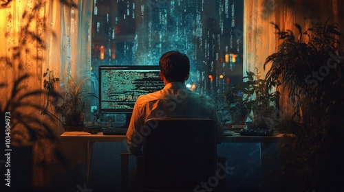 A person working at a computer in a dimly lit room with rain-soaked windows.