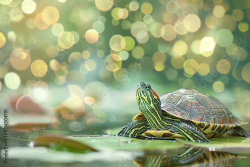 The turtle rests on a vibrant lily pad, enjoying the warm sun in a tranquil pond. Soft bokeh lights create a magical ambiance in the background, enhancing the peaceful setting photo